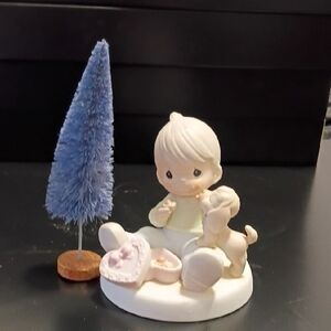 Enesco Figurine with Blue Tree and Cream Accents